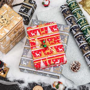 Yarcony Christmas Wrapping <b>Paper</b> Roll 17 In X 33 Ft Red Gold Reindeer Tree Design Double Side Eco Friendly Gift Craft Packaging - Product Image 6
