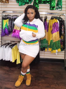 Roupas de Mardi Gras para Mulheres, Moletom de Manga Longa com Listras Roxas, Amarelas e Verdes e Saia, Fantasia de Fãs dos New Orleans Saints - Product Image 3