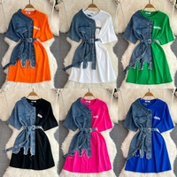 Robe d'été vintage pour femme, col rond, robe chemise en jean color block, taille cintrée avec ceinture, robe mi-longue décontractée pour femme
