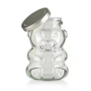 250Ml 8 Oz Rõ Ràng Teddy Bear Shape Glass Mật Ong Chum Với Kim Loại Lug Có Nắp Đậy Trang Trí Glass Jar Mật Ong Kẹo Quà Tặng Bao Bì Container