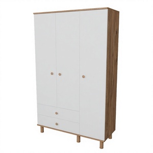 Modern Scandinavian Wardrobe with 3 Doors and 2 <b>Drawers</b> <b>White</b> and Wood Finish Freestanding <b>Bedroom</b> Furniture - Product Image 1