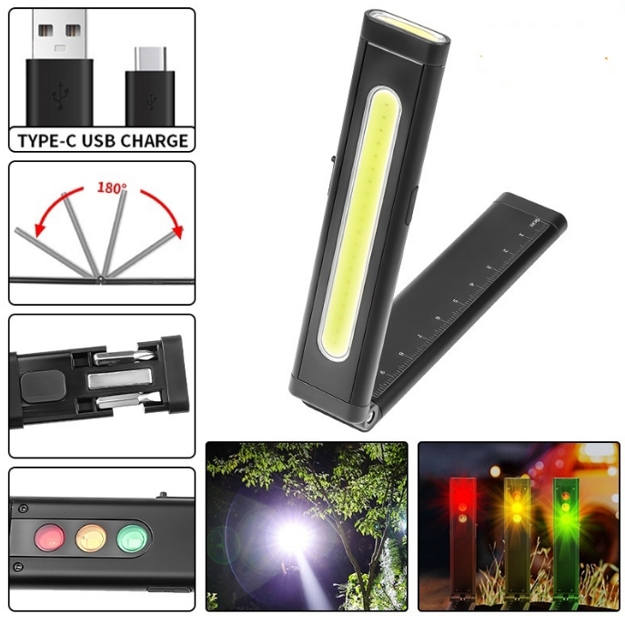 300 Lumen Rechargeable COB Flashlight With Ruler & Hidden Screwdriver 9 Modes Silm LED Flash Torch Work Light With Magnet