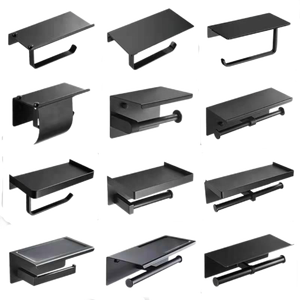 Portarrollos de tejido montado en la pared negro de acero inoxidable 304, toallero con estante para teléfono móvil, soporte de papel higiénico para Baño - Product Image 4