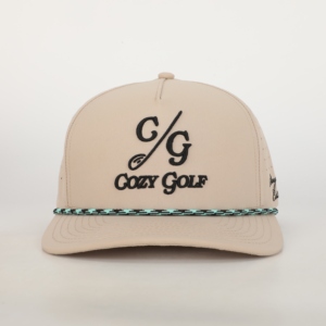 Gorra de golf de 5 paneles de poliéster de secado rápido con logotipo personalizado OEM, diseño perforado cortado con láser con estilo de escritura bordado - Product Image 1