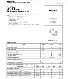 Mrf421 [100W (PEP) 30MHz CASE211-11] -được thiết kế chủ yếu cho ứng dụng như một bộ khuếch đại tuyến tính công suất cao từ 2.0 đến 30MHz. - Product Image 2