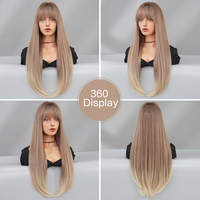 Peluca de Cabello Sintético con Flequillo de 28 Pulgadas, Color Rubio Ceniza con Raíces y Cola Marrones, Tinte Natural, Peluca en Capas con Reflejos