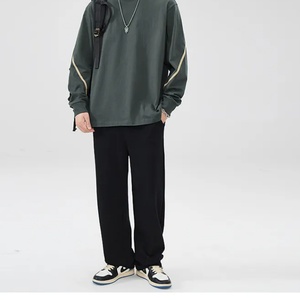 เสื้อยืดแขนยาวลายทางผ้าฝ้ายแท้ทรงหลวมคอกลมสีเทาสำหรับผู้ชายขายส่ง - Product Image 2