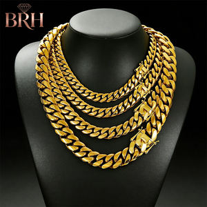 สร้อยคอคิวบันชุบทอง ขนาด 7.5-30 นิ้ว  8มม. 10มม. 12มม. 14มม. 16มม. 18มม. 20มม. 22มม. สร้อยคอคิวบันสแตนเลสสตีลสไตล์ฮิปฮอป - Product Image 1