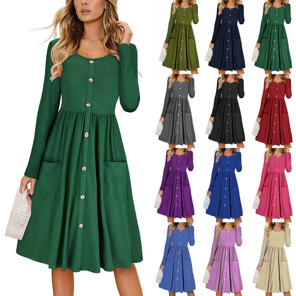 Autumn and spring elegant 6 colors dress women's fall fashion long sleeves O-neck button dress ladies's loose middle dress
