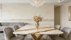 طاولة طعام من الرخام الأبيض الإيطالي بقاعدة معدنية، تصميم دائري عصري لغرفة المعيشة والعائلة والمقاهي، مع ضمان لمدة عام - Product Image 2