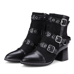 Bottines à talon épais pour femmes, bottes courtes à bout pointu, avec sangle à boucle, escarpins d'hiver - Product Image 3