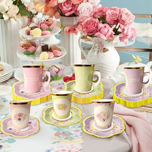 Set per Feste del Tè e <span class=keywords><strong>Compleanni</strong></span>, Piatti Usa e Getta con Manici, Bicchieri di Carta con Design Floreale, Stoviglie Decorative - Product Image 3