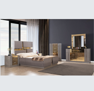 Queen Size 5-Piece Modern Tufted Wood Bedroom Set with Gold Accents Adjustable Height & <b>Convertible</b> Design for Hotel & Home Use - Product Image 1
