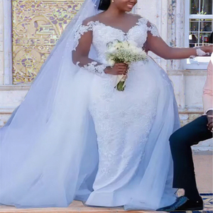 فساتين زفاف مخصصة بمقاسات كبيرة مع ذيل قابل للفصل، مزينة باللؤلؤ والدانتيل المطرز، فساتين عروس ريفية مع طرحة مجانية - Product Image 3