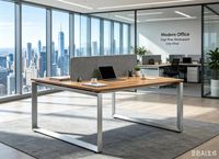 Poste de travail double avec panneau de séparation en tissu, bureau à effet bois, cadre métallique robuste
