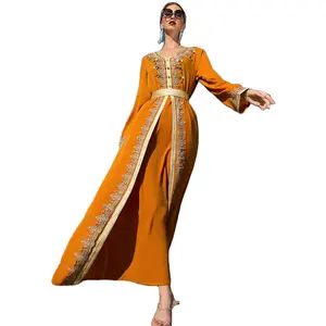 2022 New Fashion Women's Robe Muslim Dresses Orange Heavy Industry Hand - stitched Diamond Stitching Dress Lace Islam Kaftan