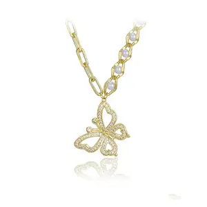 YMnecklace-01398 Xuping珠宝奢华优雅时尚精致蝴蝶钻石珍珠链14k金项链