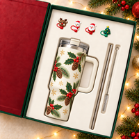 Gobelet isotherme en acier inoxydable à double paroi de 40 oz, sans BPA, écologique, avec paille et poignée, personnalisable, boîtes cadeaux de Noël, couvercle, 6-12