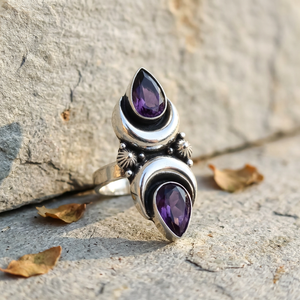 Wholesale Double Amethyst Wedding <b>Ring</b> 925 Sterling Silver Two Stone Crescent <b>Moon</b> Purple Gemstone Party Bezel Setting - Product Image 1