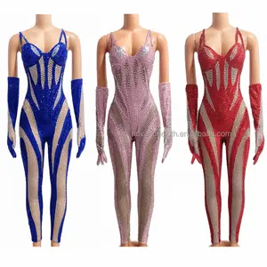 NOVANCE Y2573-B new and unique products hot suspender V neck shiny red rhinestone bodysuit with gloves sexy rompers for women