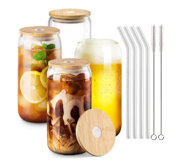 16oz Logo personalizzato tazza da caffè in vetro ghiacciato bicchieri Highball bicchiere tazza bicchieri da birra lattina di vetro con coperchio in bambù paglia