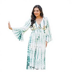 Robe midi bohème verte à volants, manches 3/4, col en V, coupe trapèze, 100 % coton, élégante, décontractée, pour les vacances en plein air, pique-nique, station balnéaire, écologique - Product Image 1