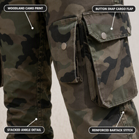 Pantalones Cargo Tácticos Anchos y Holgados con Múltiples Bolsillos y Solapa con Botones, Estilo Camuflaje Bosque Olivo, Personalizados para Hombre, Ropa Urbana