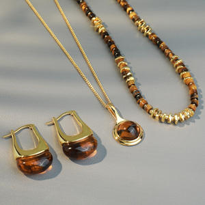 Conjunto de Joyería Vintage con Collar y Aretes de Piedra Natural, Collar de Cuentas de Ojo de Tigre Marrón de Acero Inoxidable para Mujer - Product Image 4