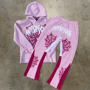 Custom French Terry High Quality Puff Print Y2K No Hem Cropped Pink Hoodies Sweatshirts Spider Sweatpants And Hoodie Set