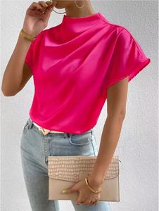 Camiseta de satén de verano para mujer, top holgado con fruncido en el hombro izquierdo y cuello corto, ¡novedad de gran venta! - Product Image 6