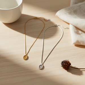 Collana con Ciondolo a Ovale Angelina Placcata Oro e Argento con Cristallo, Gioiello alla Moda Unisex, Regalo con Catena a Serpente 45471 - Product Image 2