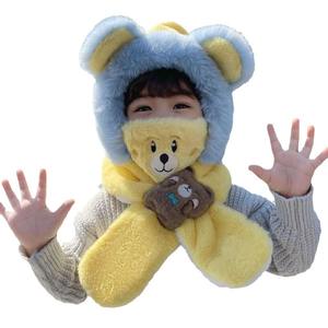 قبعة شتوية للأطفال مع وشاح مدمج، تصميم دب مخملي للأولاد والبنات، مقاومة للرياح والبرد مع حماية للأذنين وقناع - Product Image 4