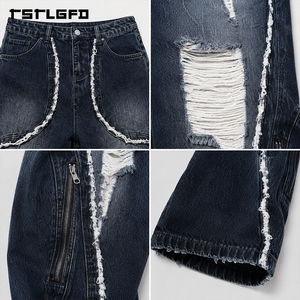 OEM ODM Jeans de mezclilla de pierna ancha con flecos y rotos, de peso pesado, estilo streetwear, con paneles de cremallera, al por mayor - Product Image 5