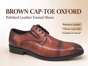 Chaussures Oxford marron à bout rapporté pour hommes en cuir véritable à lacets – Chaussures habillées classiques pour affaires et mariages, antidérapantes - Product Image 1
