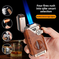 Briquet à cigares portable 4-en-1 JH avec coupe-cigare, poinçon et support de cigare, corps métallique rechargeable au gaz