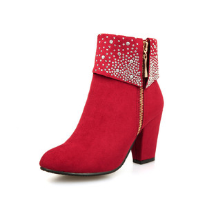 Botines de moda con punta redonda, cremallera lateral, adornos de brillantina y pedrería, puño plegable, de gamuza, para otoño e invierno, uso diario, zapatos para mujer. - Product Image 5