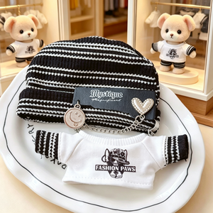 Conjunto de Ropa para Muñeca de 20 cm, Sombrero con Cadena Azul + Camiseta Azul y Blanca con Diseño de Dibujos Animados, Versión Q, Conjunto Negro - Product Image 3