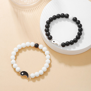 FanYue Fashion Personality Agate Tai Chi Bracelet Set <strong>Black</strong> and White Yinyang Tai Ji Couple <strong>Beaded</strong> Bracelet Set - Product Image 4