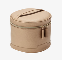 Pochette de maquillage personnalisée en cuir végétalien, trousse de toilette de voyage ronde, faible MOQ, sac cosmétique pas cher avec pompon