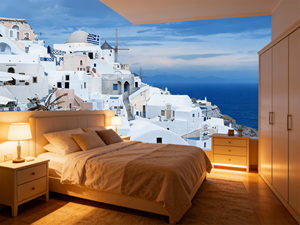 Arte de pared de vinilo con paisaje de Santorini en <span class=keywords><strong>azul</strong></span> y blanco, estilo moderno, impermeable, decoración del hogar, pintura para sala de estar, dormitorio, baño, hogar - Product Image 3
