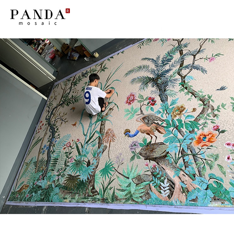 2024 Wholesale Moden Flowers And Birds Pattern Art Pictures Wall Decoration Ideas Glass Mosaic Mural Pattern Tiles