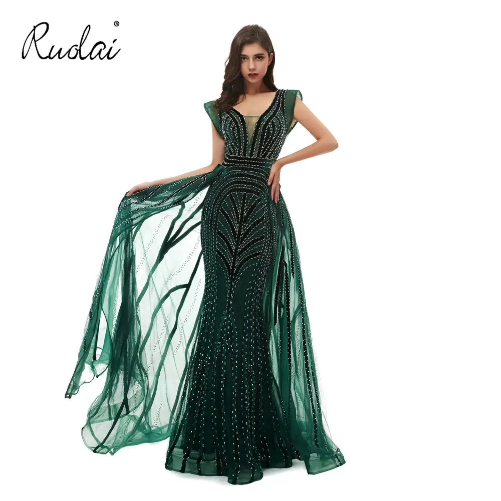 Ruolai OEV-L4234 Luxurious Sequined Sexy V-Neck Green Gowns Evening Dress for Women Formal Party Dresses