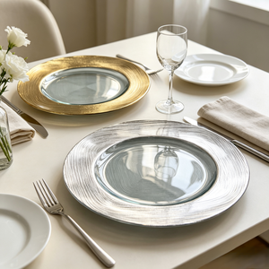 Assiettes de présentation en verre argenté brossé à bord large, texture gaufrée, assiettes décoratives en verre transparent pour table de mariage, vente en gros - Product Image 5
