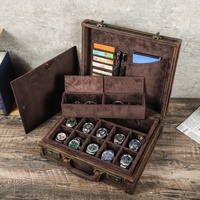 Boîte de rangement pour montres en cuir de vache Crazy Horse vintage à 15 compartiments, valise à bijoux multifonctionnelle portable en cuir