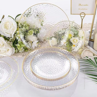 Services de vaisselle jetables transparents avec bord doré, assiettes de fête robustes effet martelé, en plastique alimentaire anti-fuite pour banquets de mariage
