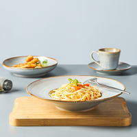 Service de vaisselle en céramique bleu émaillé, assiettes en porcelaine fine, vaisselle de table pour restaurant