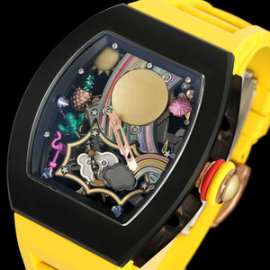 Reloj mecánico automático tourbillon para hombre, estilo caricatura artística, 88 esferas, personalizado, amarillo, con grafiti, éxito de ventas. - Product Image 2