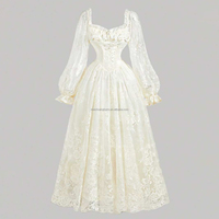 Robe en dentelle à col carré et manches lanternes sur mesure pour femmes Robe de soirée vintage blanche Robes maxi