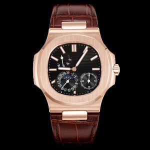 Reloj de pulsera mecánico para hombre con caja de oro rosa de primera calidad, correa de piel de cocodrilo marrón, esfera negra, cronógrafo con fase lunar - Product Image 1