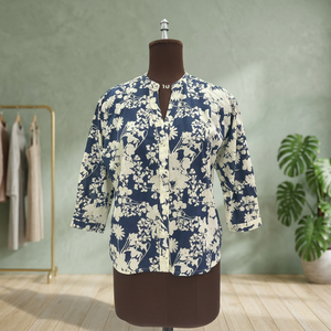 Blusa de Mujer con Estampado Floral, Cuello Mandarín, Manga Tres Cuartos, Botones, Informal, Primavera Verano, Popelina de Algodón - Product Image 2